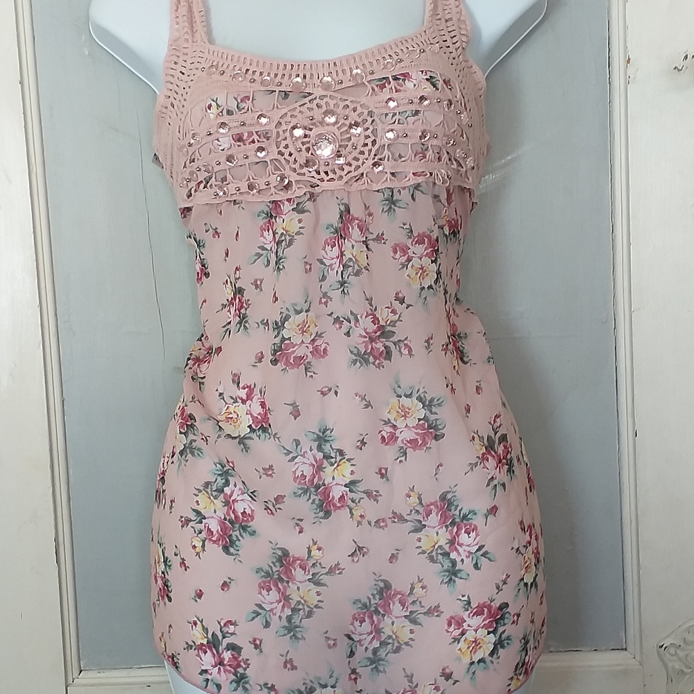 Vanity pink floral chiffon tank with jewels, sz M